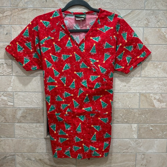 Christmas Holiday Scrub Top Red with Green Trees - Picture 2 of 4